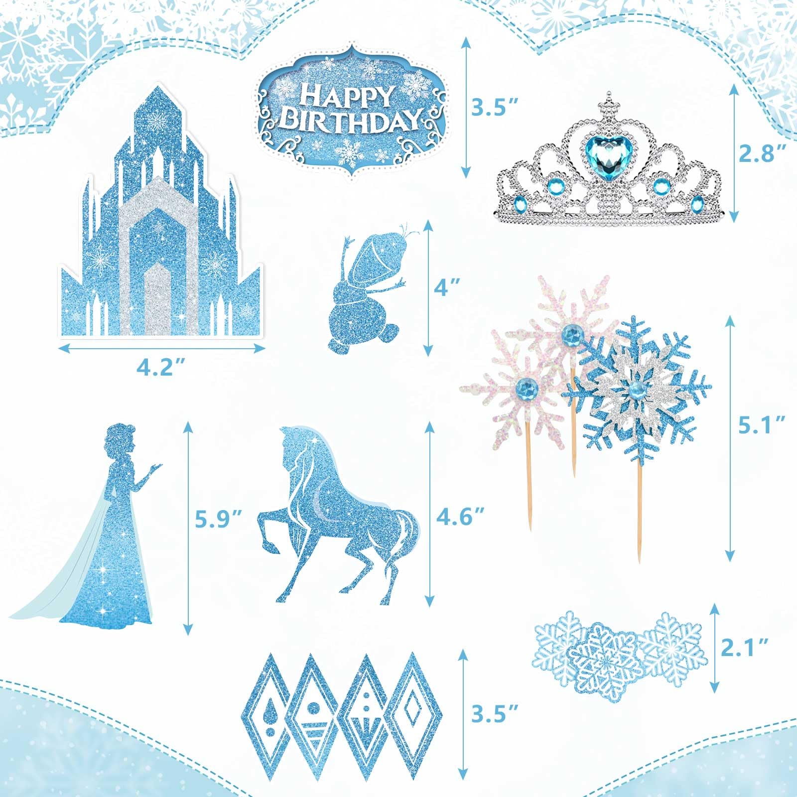 GZDUCK Ice Princess Cake Toppers – 16 Piece Snow Theme Set with Castle, Crown, Snowflakes for Girls Parties