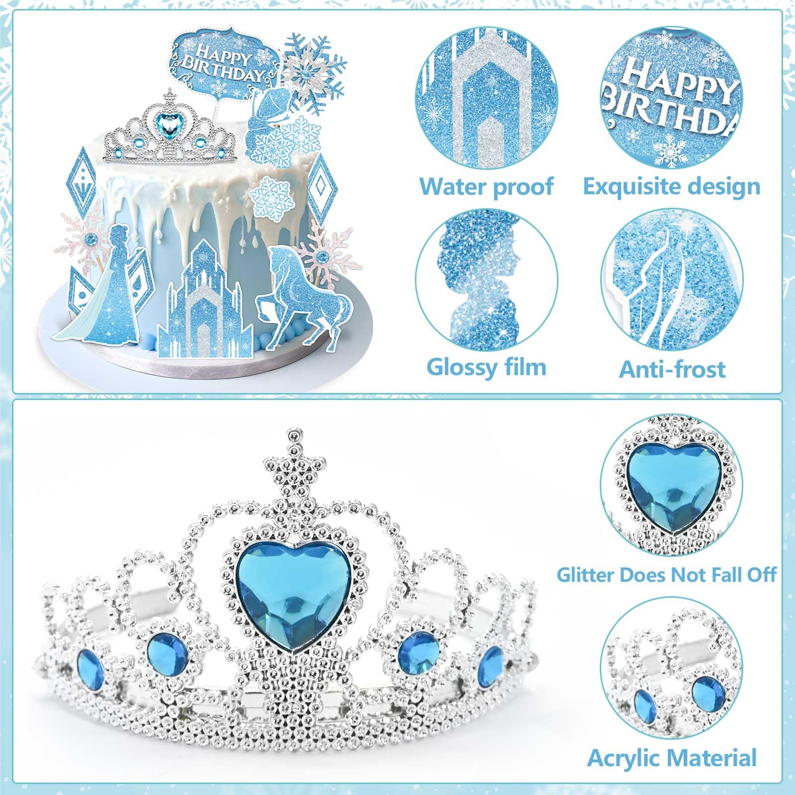 GZDUCK Ice Princess Cake Toppers – 16 Piece Snow Theme Set with Castle, Crown, Snowflakes for Girls Parties