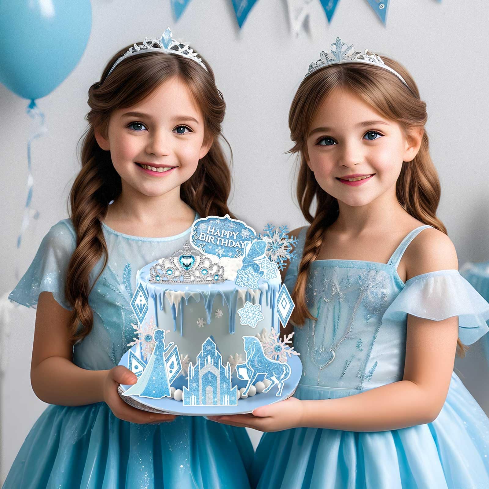 GZDUCK Ice Princess Cake Toppers – 16 Piece Snow Theme Set with Castle, Crown, Snowflakes for Girls Parties