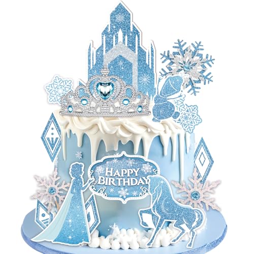 GZDUCK Ice Princess Cake Toppers – 16 Piece Snow Theme Set with Castle, Crown, Snowflakes for Girls Parties