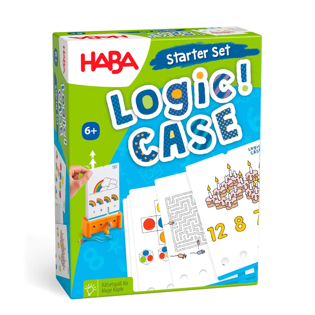 HABA Logic! CASE Starter Set 6+ – 77 Brain Teaser Puzzles for Kids, Travel Game with Self-Checking Wooden Peg