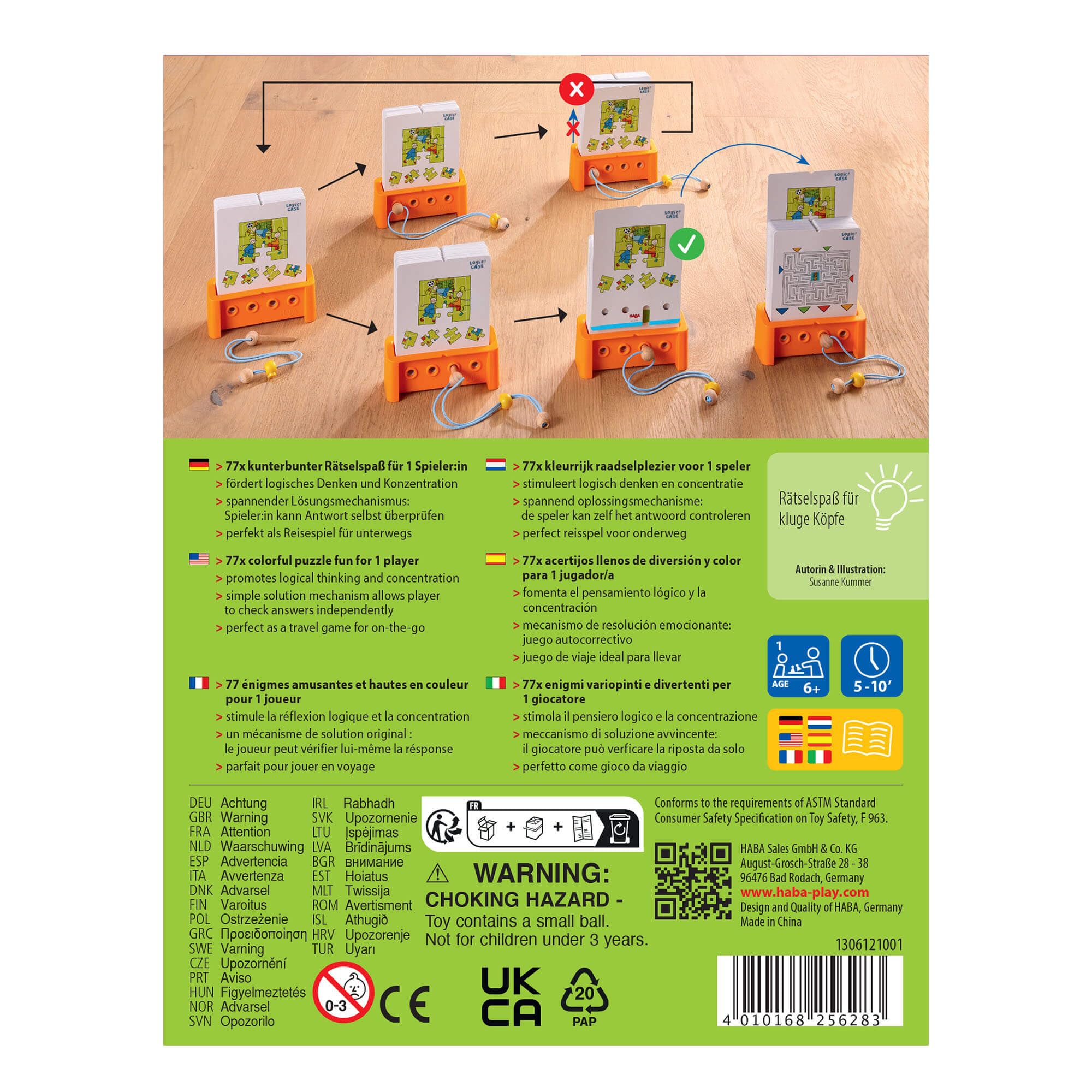HABA Logic! CASE Starter Set 6+ – 77 Brain Teaser Puzzles for Kids, Travel Game with Self-Checking Wooden Peg
