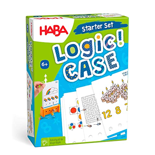HABA Logic! CASE Starter Set 6+ – 77 Brain Teaser Puzzles for Kids, Travel Game with Self-Checking Wooden Peg