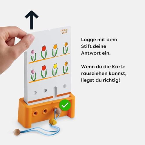 HABA Logic! CASE Starter Set – 77 Brain Teaser Puzzles for Kids Ages 4-8, Self-Checking Handheld Game for Travel & Car