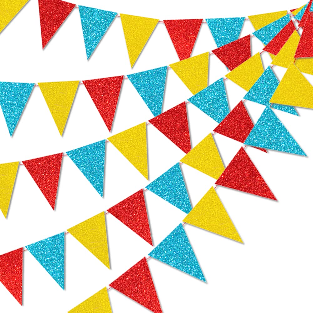 HADEEONG 45-Piece Carnival Pennant Banner – 49ft Glitter Paper Triangle Flags for Parties, Baby Showers, Classroom Decor