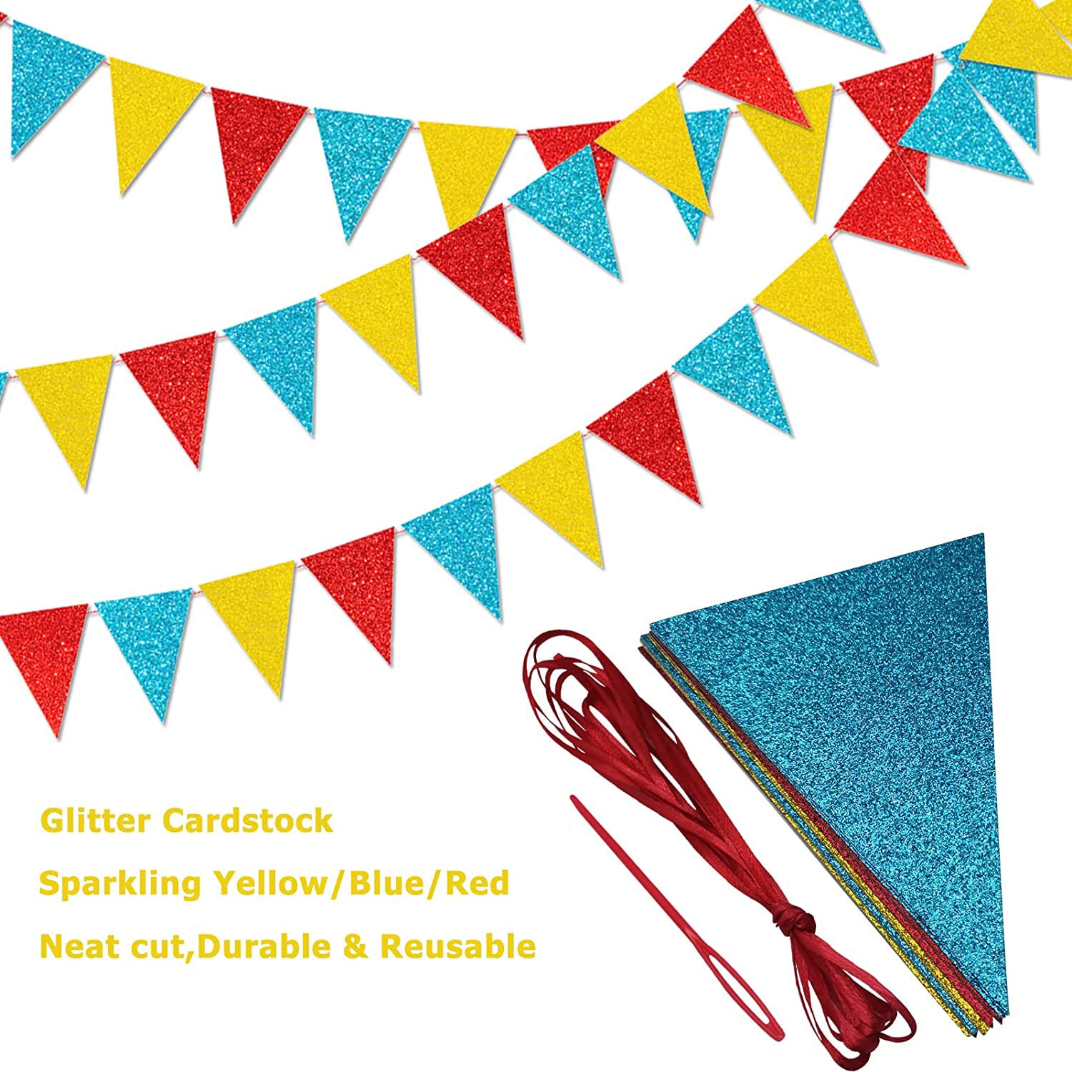 HADEEONG 45-Piece Carnival Pennant Banner – 49ft Glitter Paper Triangle Flags for Parties, Baby Showers, Classroom Decor