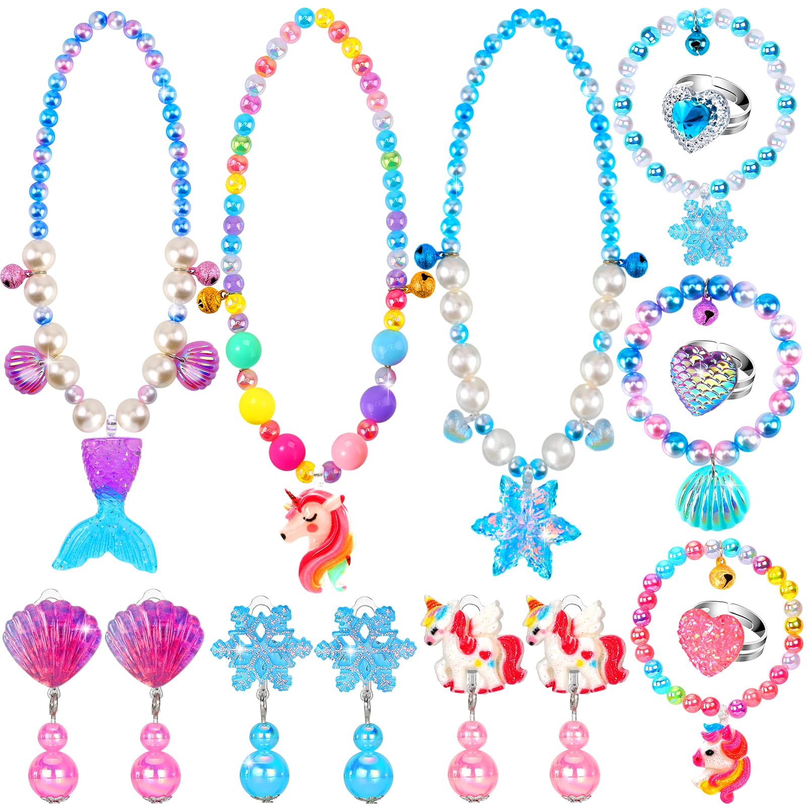HAENPLE 15-Piece Girls Jewelry Set - Unicorn Mermaid Frozen Themed Necklaces Bracelets Rings Earrings for Toddlers
