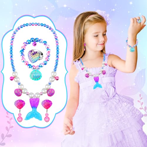 HAENPLE 15-Piece Girls Jewelry Set - Unicorn Mermaid Frozen Themed Necklaces Bracelets Rings Earrings for Toddlers