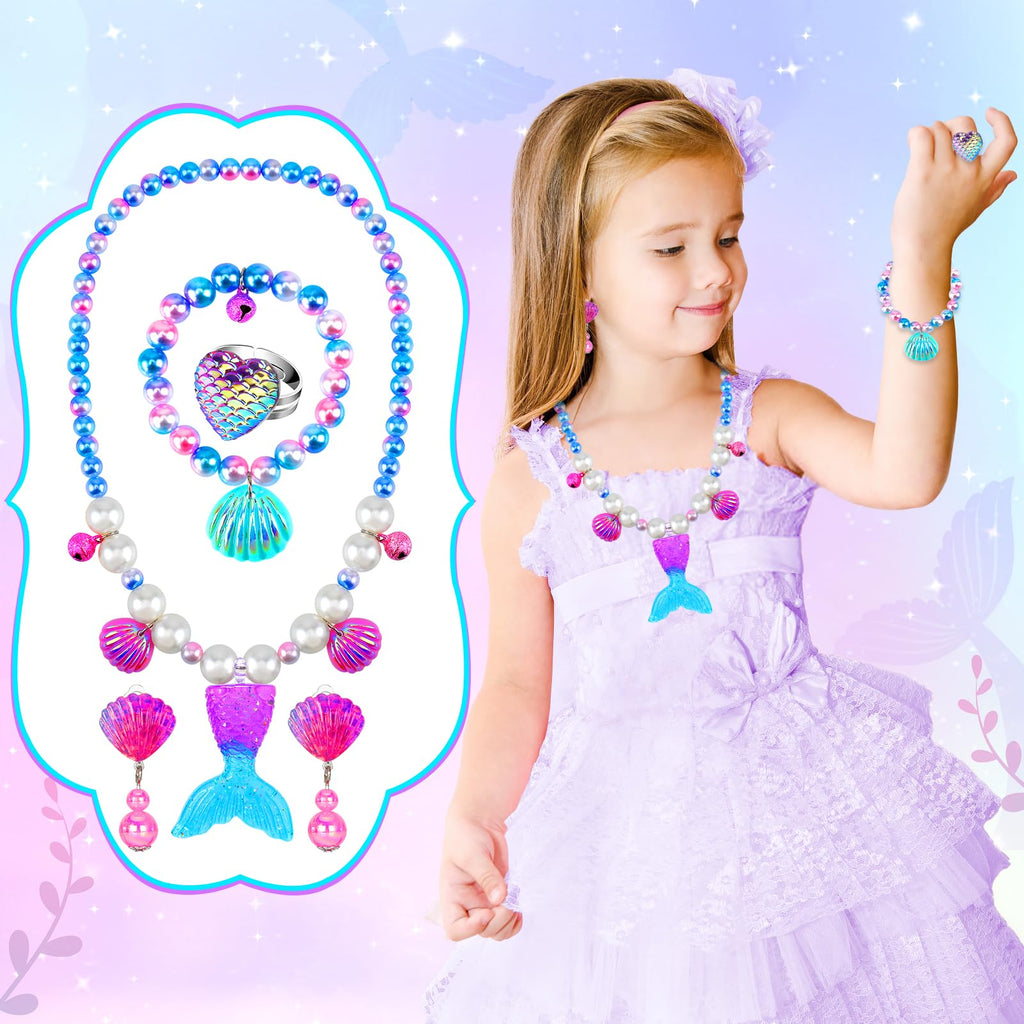 HAENPLE 15-Piece Girls Jewelry Set - Unicorn Mermaid Frozen Themed Necklaces Bracelets Rings Earrings for Toddlers