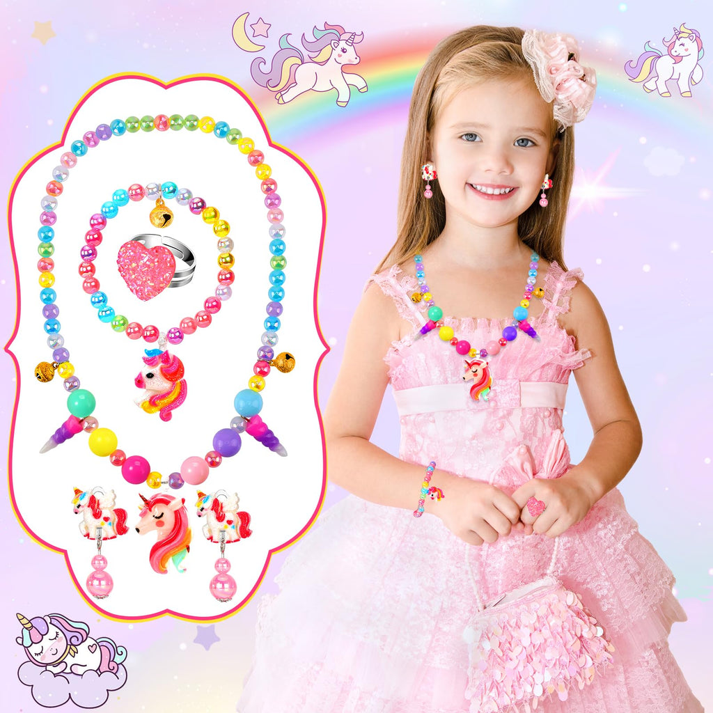 HAENPLE 15-Piece Girls Jewelry Set - Unicorn Mermaid Frozen Themed Necklaces Bracelets Rings Earrings for Toddlers