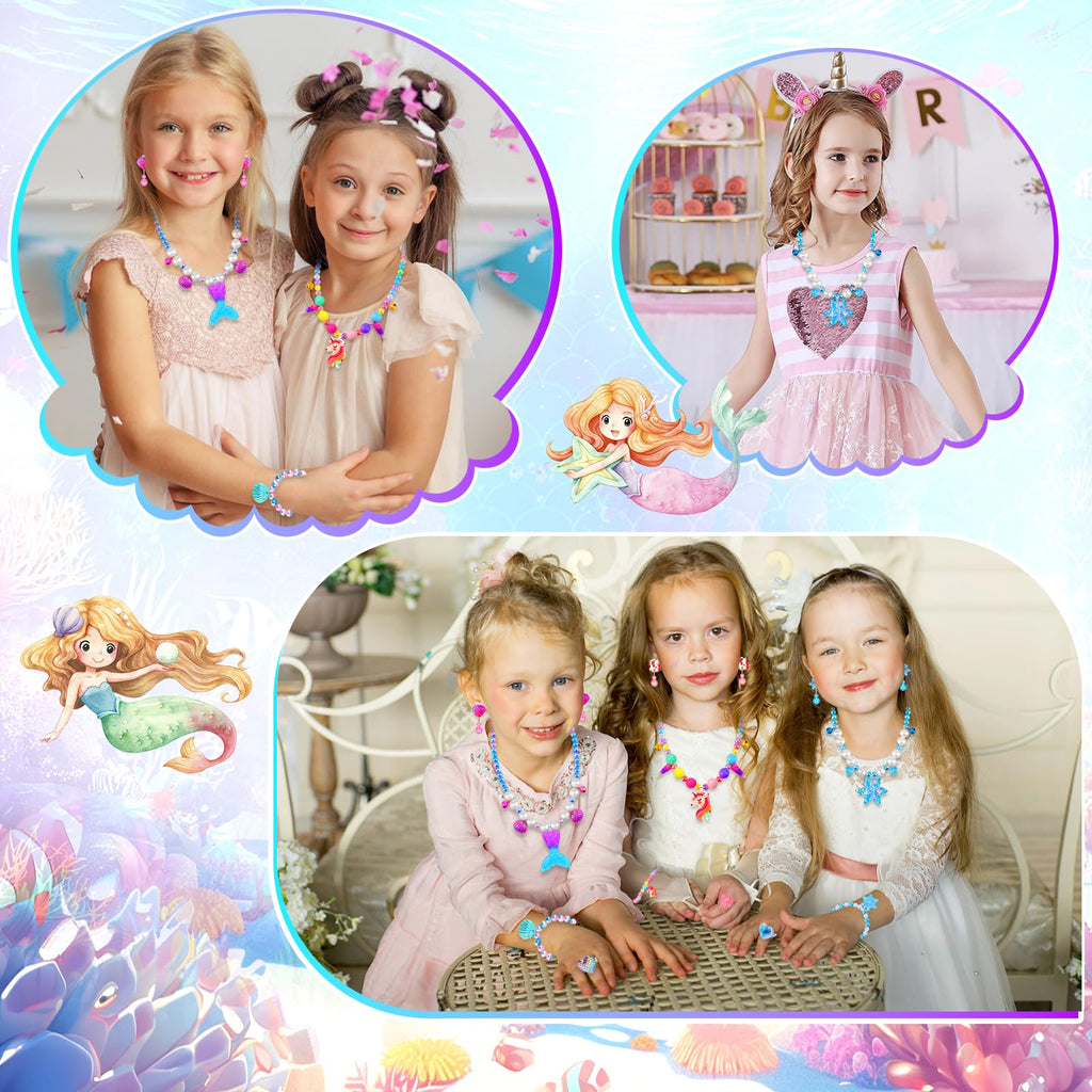 HAENPLE 15-Piece Girls Jewelry Set - Unicorn Mermaid Frozen Themed Necklaces Bracelets Rings Earrings for Toddlers