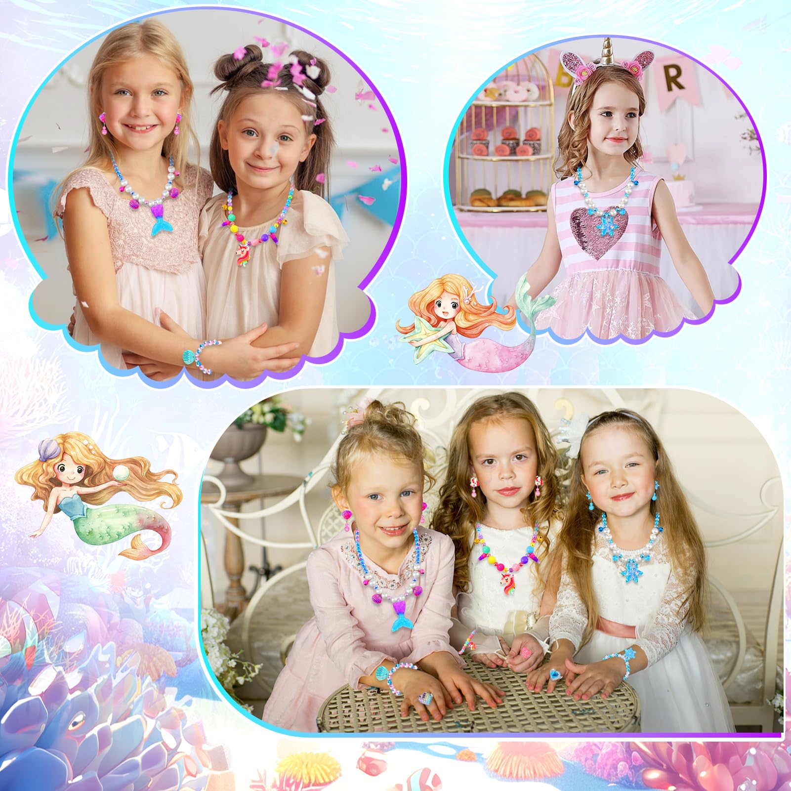 HAENPLE 15-Piece Girls Jewelry Set - Unicorn Mermaid Frozen Themed Necklaces Bracelets Rings Earrings for Toddlers