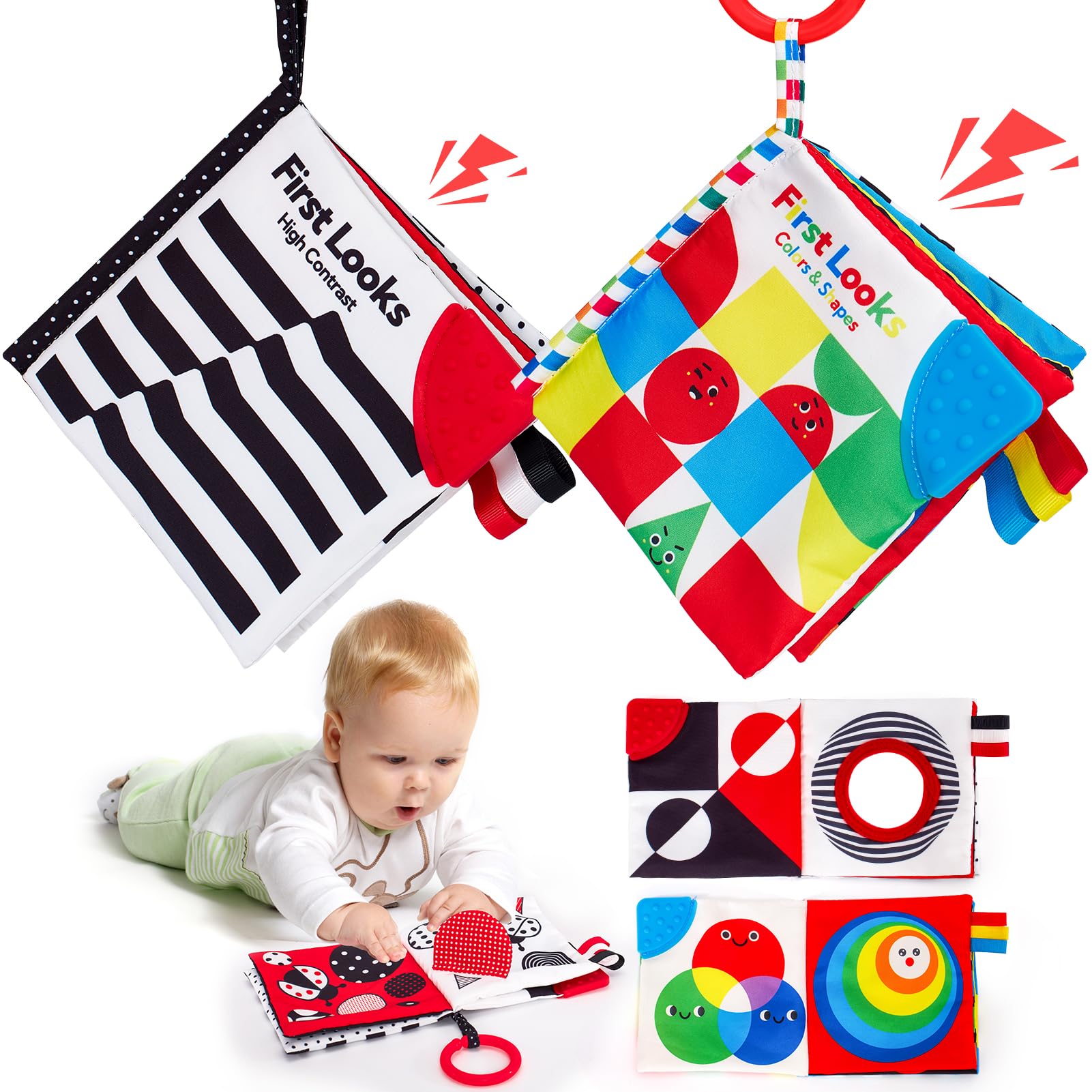 hahaland Baby Books 0-6 Months - 2-Piece Set with High Contrast, Mirror, Teething & Crinkle for Tummy Time