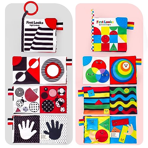 hahaland Baby Books 0-6 Months - 2-Piece Set with High Contrast, Mirror, Teething & Crinkle for Tummy Time