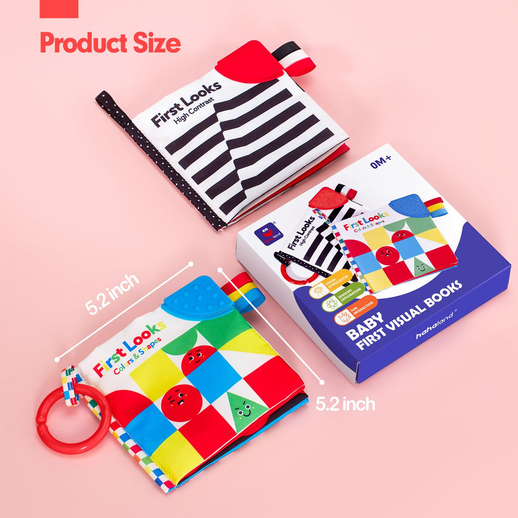 hahaland Baby Books 0-6 Months - 2-Piece Set with High Contrast, Mirror, Teething & Crinkle for Tummy Time