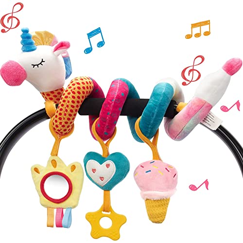 hahaland Baby Car Seat Toys 0-6 Months: 3 Sensory Plush Toys with Mirror, Crinkle, Squeak & Jingle