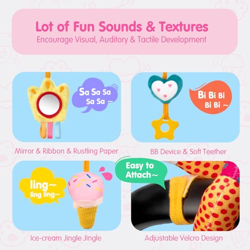 hahaland Baby Car Seat Toys 0-6 Months: 3 Sensory Plush Toys with Mirror, Crinkle, Squeak & Jingle