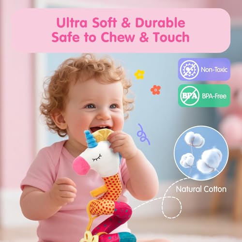 hahaland Baby Car Seat Toys 0-6 Months: 3 Sensory Plush Toys with Mirror, Crinkle, Squeak & Jingle