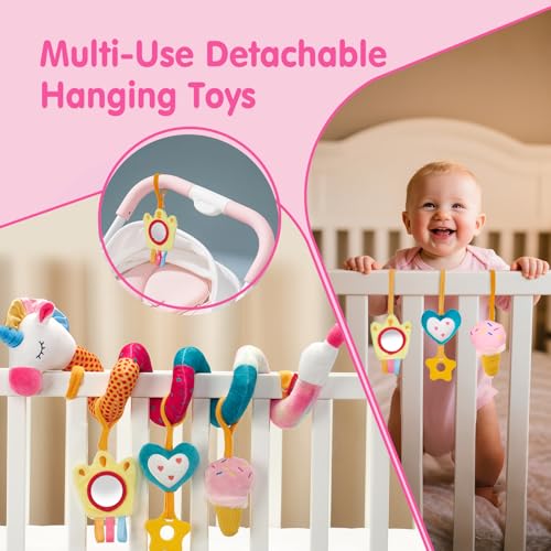 hahaland Baby Car Seat Toys 0-6 Months: 3 Sensory Plush Toys with Mirror, Crinkle, Squeak & Jingle