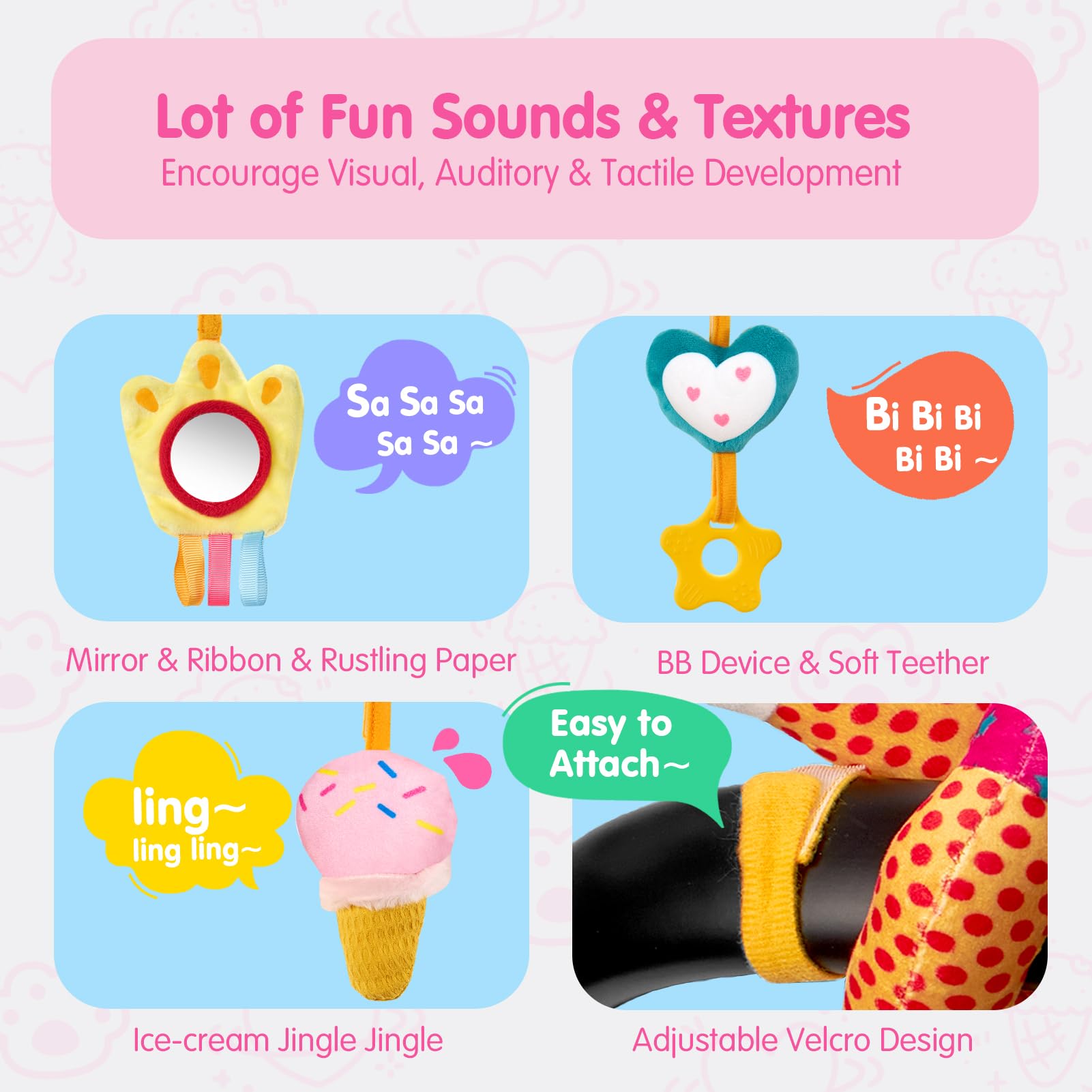 hahaland Baby Car Seat Toys 0-6 Months: 3 Sensory Plush Toys with Mirror, Crinkle, Squeak & Jingle