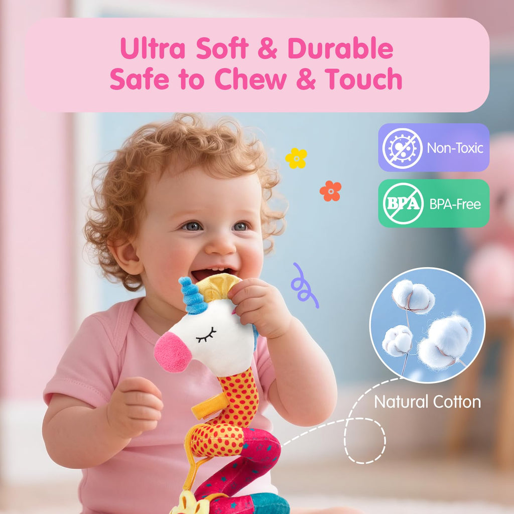 hahaland Baby Car Seat Toys 0-6 Months: 3 Sensory Plush Toys with Mirror, Crinkle, Squeak & Jingle