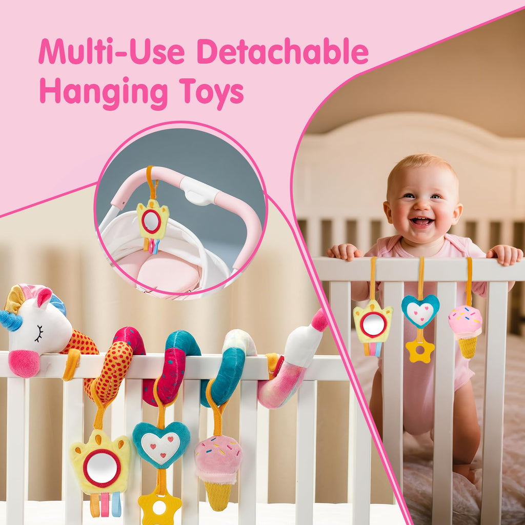 hahaland Baby Car Seat Toys 0-6 Months: 3 Sensory Plush Toys with Mirror, Crinkle, Squeak & Jingle