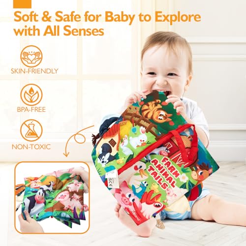 hahaland Baby Cloth Book 0-6 Months - Soft Sensory Toy with Crinkly Pages and Textured Tails