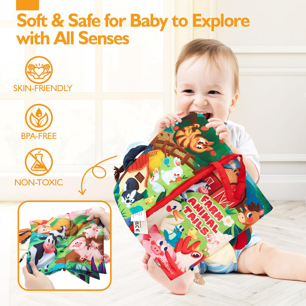 hahaland Baby Cloth Book 0-6 Months - Soft Sensory Toy with Crinkly Pages and Textured Tails