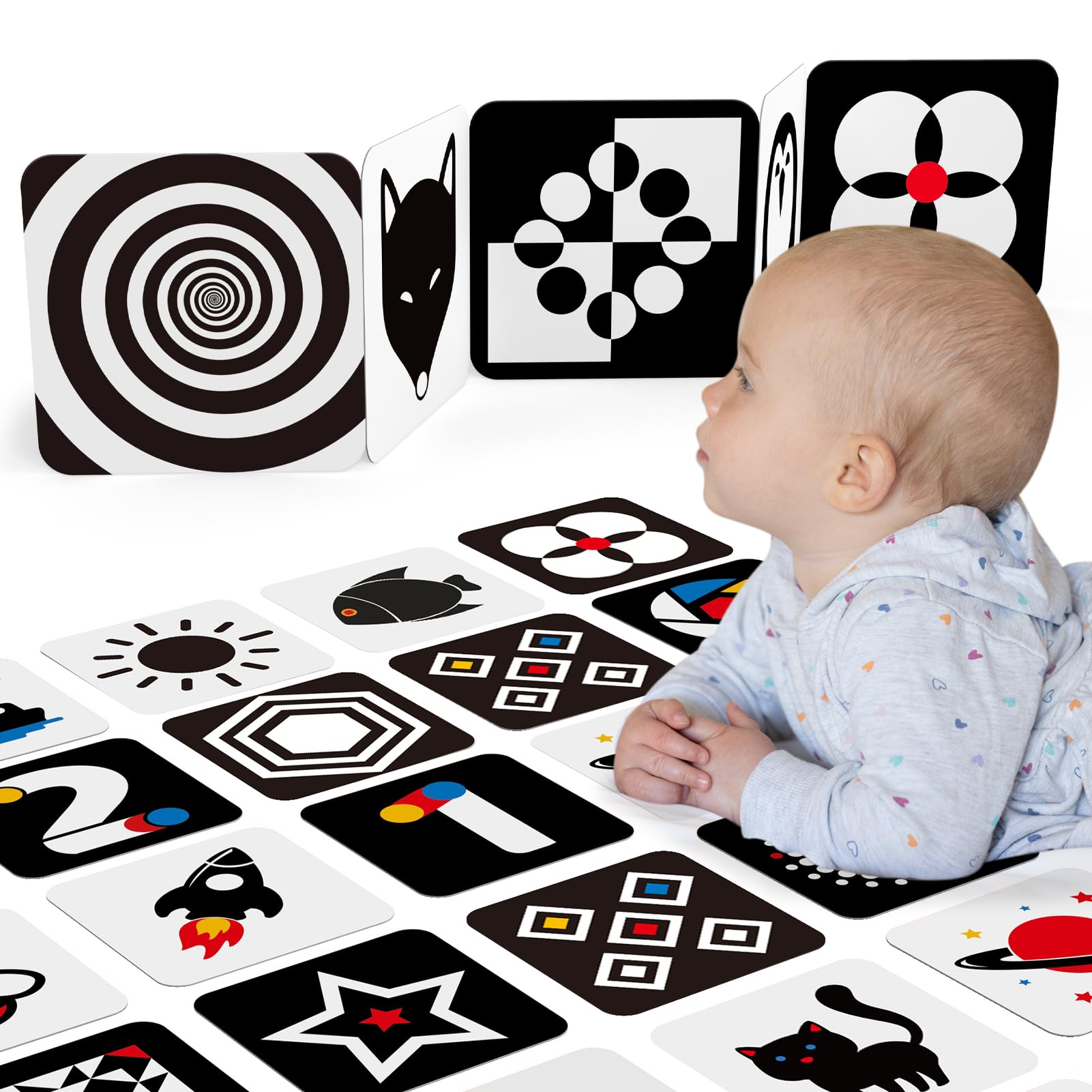 hahaland Contrast Flash Cards for Infant Tummy Time – 20 Black & White Visual Stimulation Cards for Newborns 0-3-6 Months
