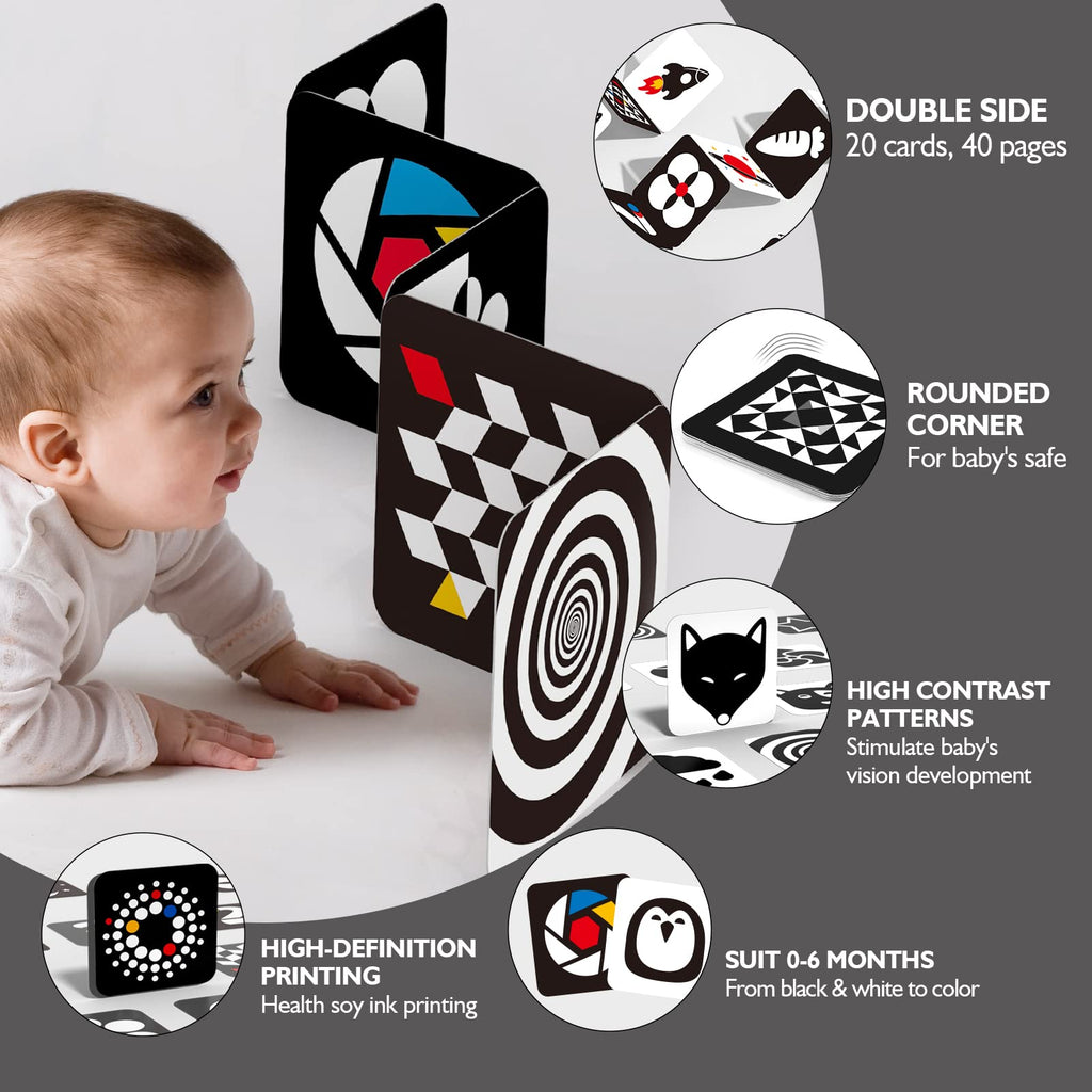 hahaland Contrast Flash Cards for Infant Tummy Time – 20 Black & White Visual Stimulation Cards for Newborns 0-3-6 Months