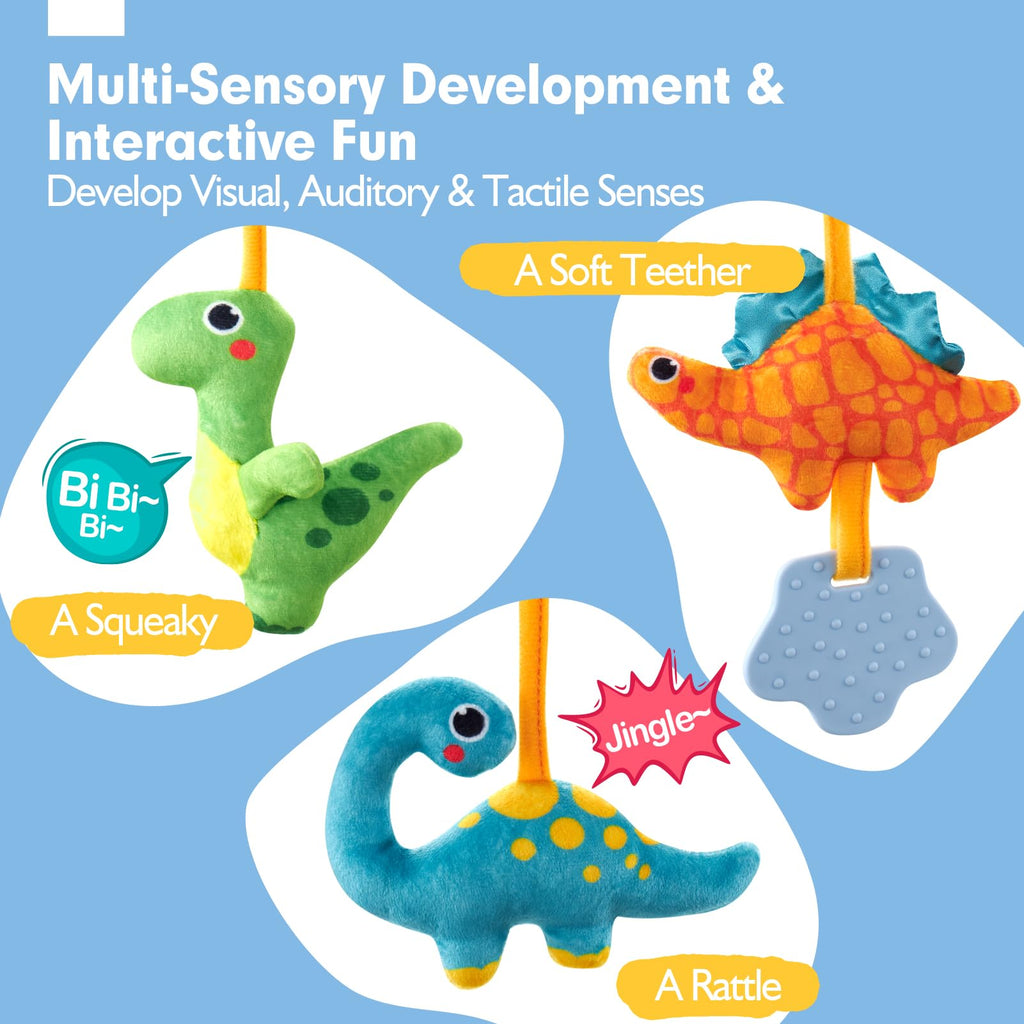 hahaland Dinosaur Car Seat Toys for Baby Boys 0-6 Months - 3 Sensory Plush with Rattle, Squeaker, Teether - Stroller and Crib Travel Toy Set