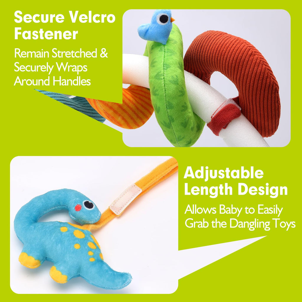hahaland Dinosaur Car Seat Toys for Baby Boys 0-6 Months - 3 Sensory Plush with Rattle, Squeaker, Teether - Stroller and Crib Travel Toy Set
