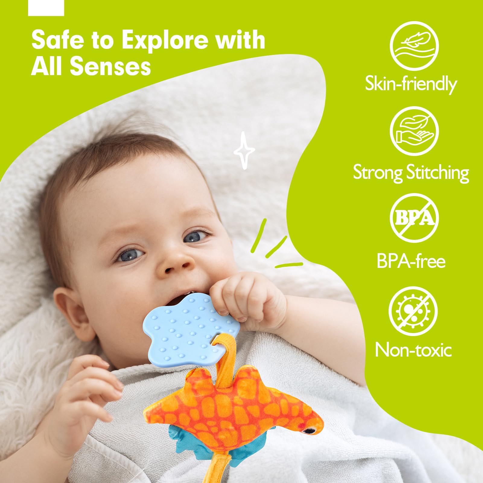 hahaland Dinosaur Car Seat Toys for Baby Boys 0-6 Months - 3 Sensory Plush with Rattle, Squeaker, Teether - Stroller and Crib Travel Toy Set