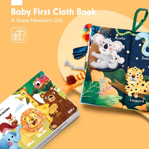 hahaland Jungly Tails Baby Sensory Book 0-12 Months - Soft Cloth Tummy Time Toy with 3D Textured Tails & Sounds