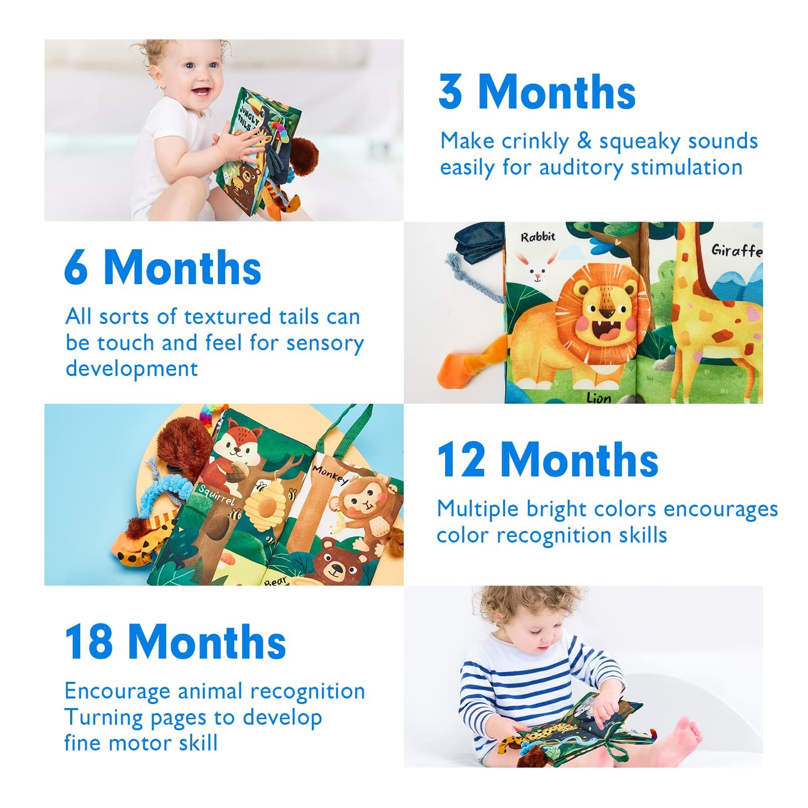 hahaland Jungly Tails Baby Sensory Book 0-12 Months - Soft Cloth Tummy Time Toy with 3D Textured Tails & Sounds