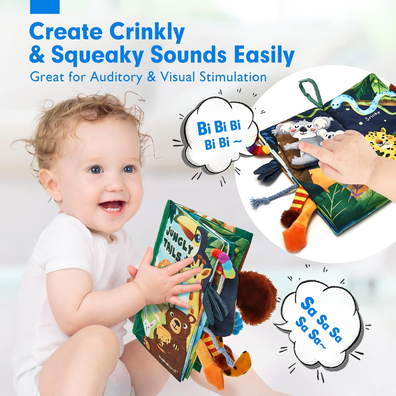 hahaland Jungly Tails Baby Sensory Book 0-12 Months - Soft Cloth Tummy Time Toy with 3D Textured Tails & Sounds
