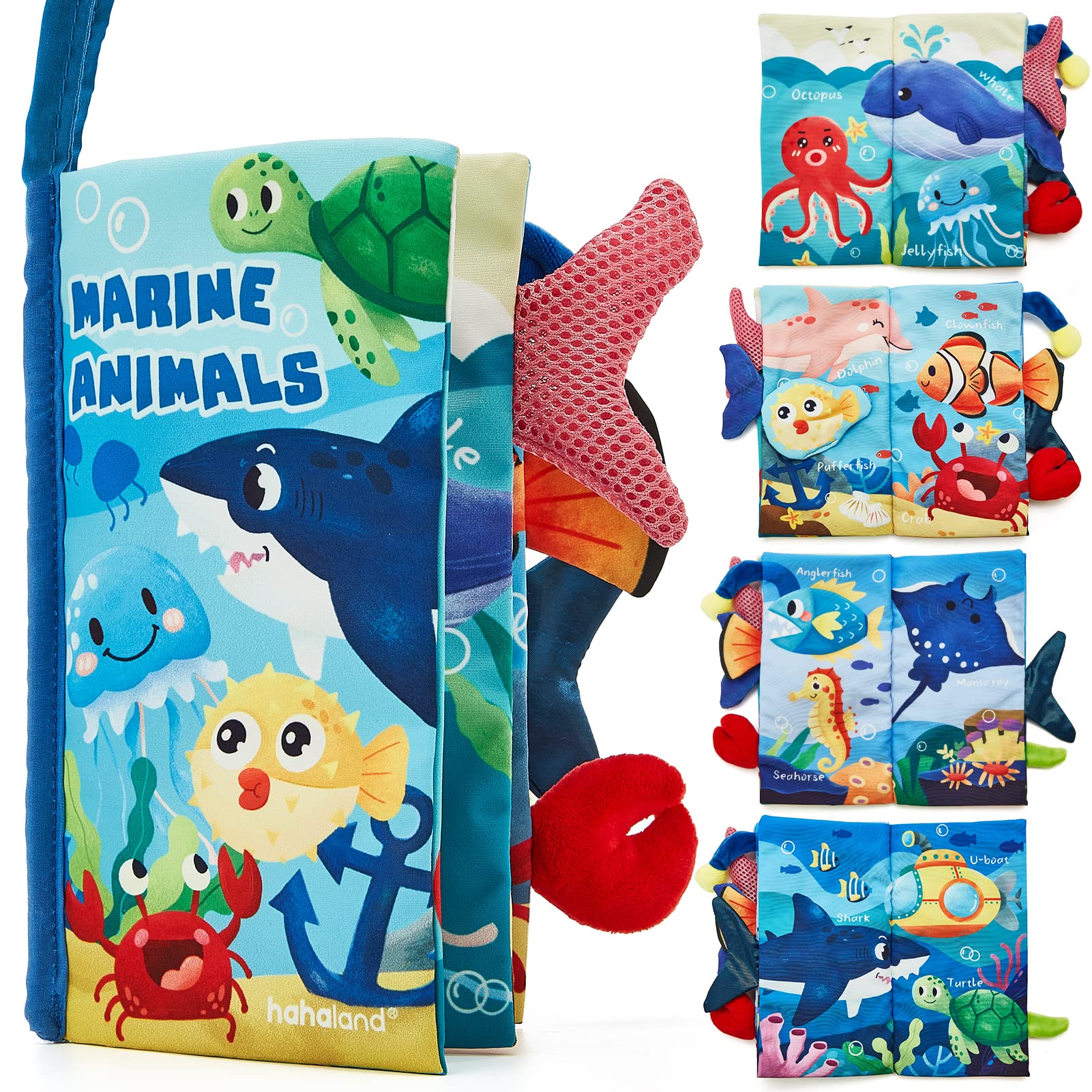 hahaland Marine Tails Baby Book – Soft Cloth Sensory Book with 3D Tails, Crinkle Sounds, and Hanging Strap for Infants 0-12 Months