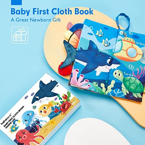 hahaland Marine Tails Baby Book – Soft Cloth Sensory Book with 3D Tails, Crinkle Sounds, and Hanging Strap for Infants 0-12 Months