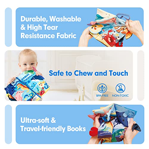 hahaland Marine Tails Baby Book – Soft Cloth Sensory Book with 3D Tails, Crinkle Sounds, and Hanging Strap for Infants 0-12 Months