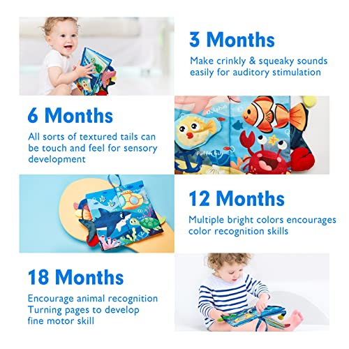 hahaland Marine Tails Baby Book – Soft Cloth Sensory Book with 3D Tails, Crinkle Sounds, and Hanging Strap for Infants 0-12 Months