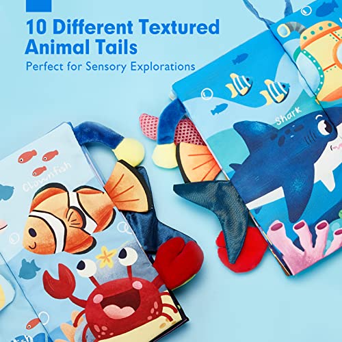 hahaland Marine Tails Baby Book – Soft Cloth Sensory Book with 3D Tails, Crinkle Sounds, and Hanging Strap for Infants 0-12 Months