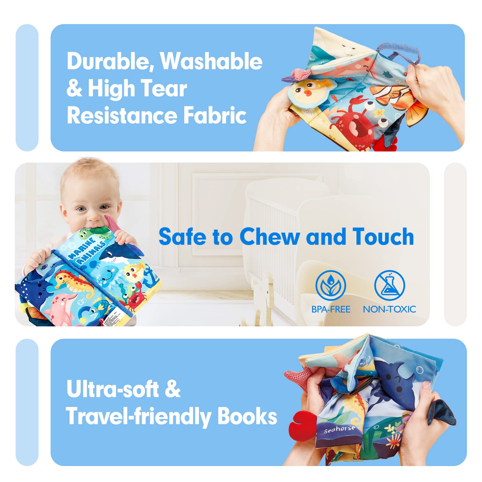 hahaland Marine Tails Baby Book – Soft Cloth Sensory Book with 3D Tails, Crinkle Sounds, and Hanging Strap for Infants 0-12 Months