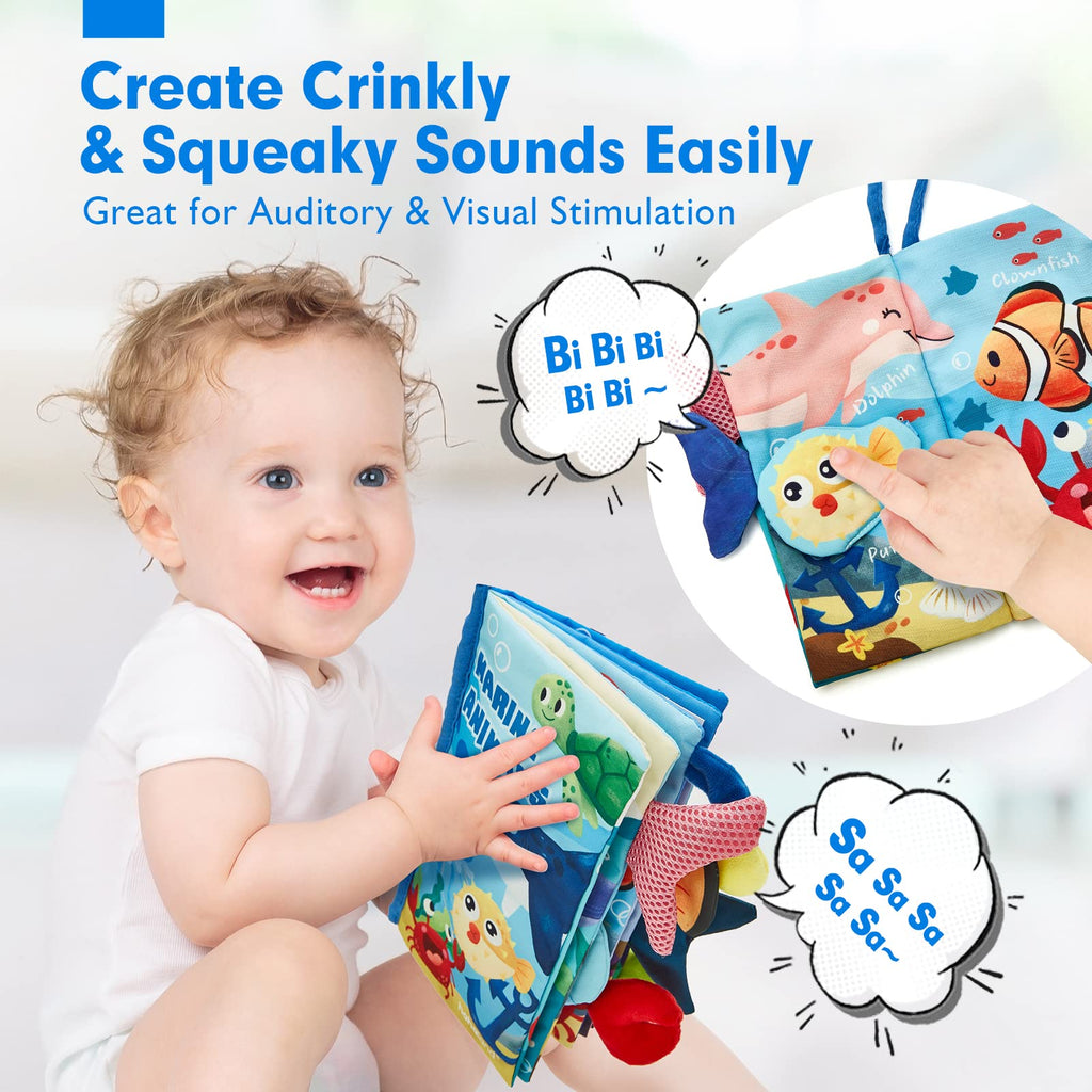 hahaland Marine Tails Baby Book – Soft Cloth Sensory Book with 3D Tails, Crinkle Sounds, and Hanging Strap for Infants 0-12 Months
