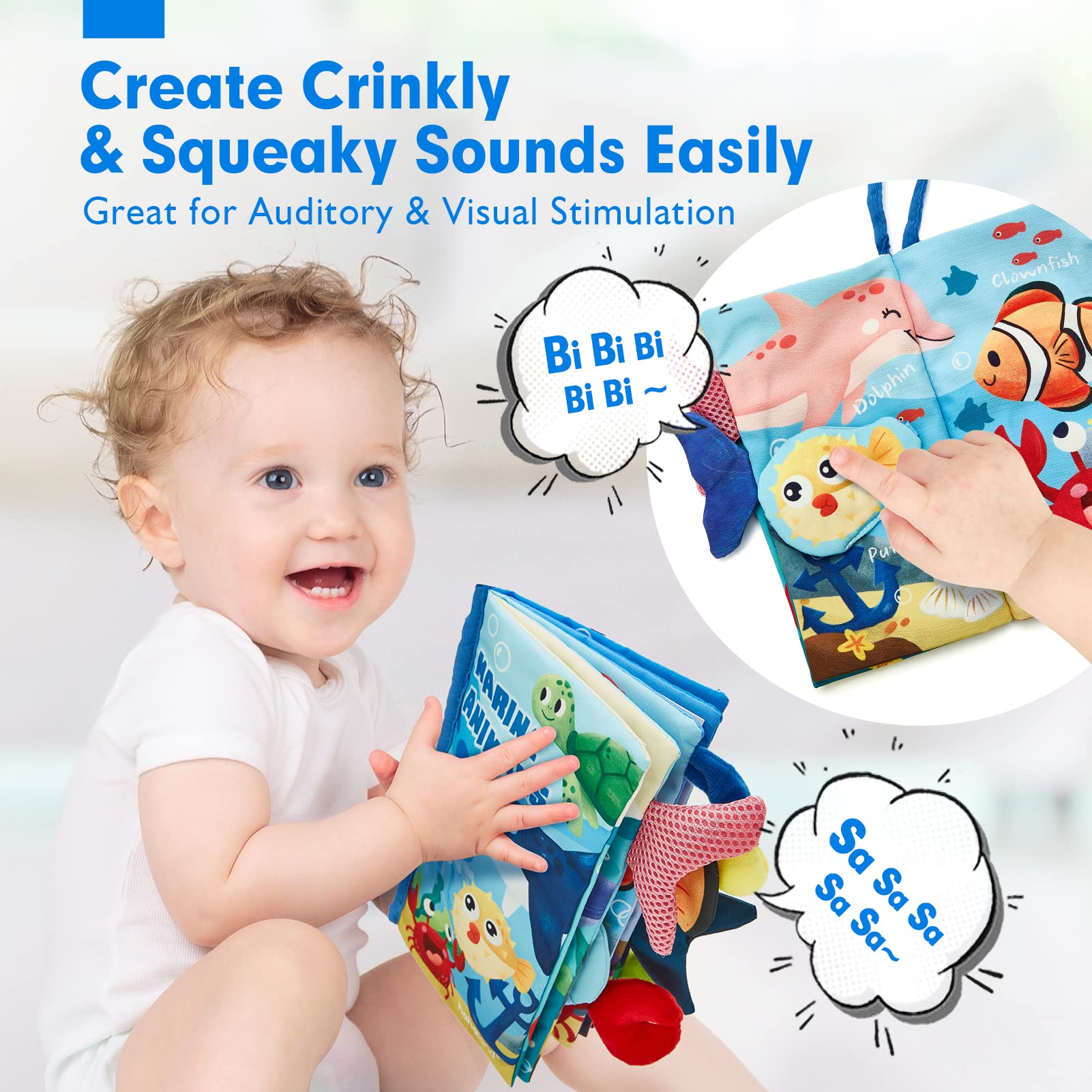 hahaland Marine Tails Baby Book – Soft Cloth Sensory Book with 3D Tails, Crinkle Sounds, and Hanging Strap for Infants 0-12 Months