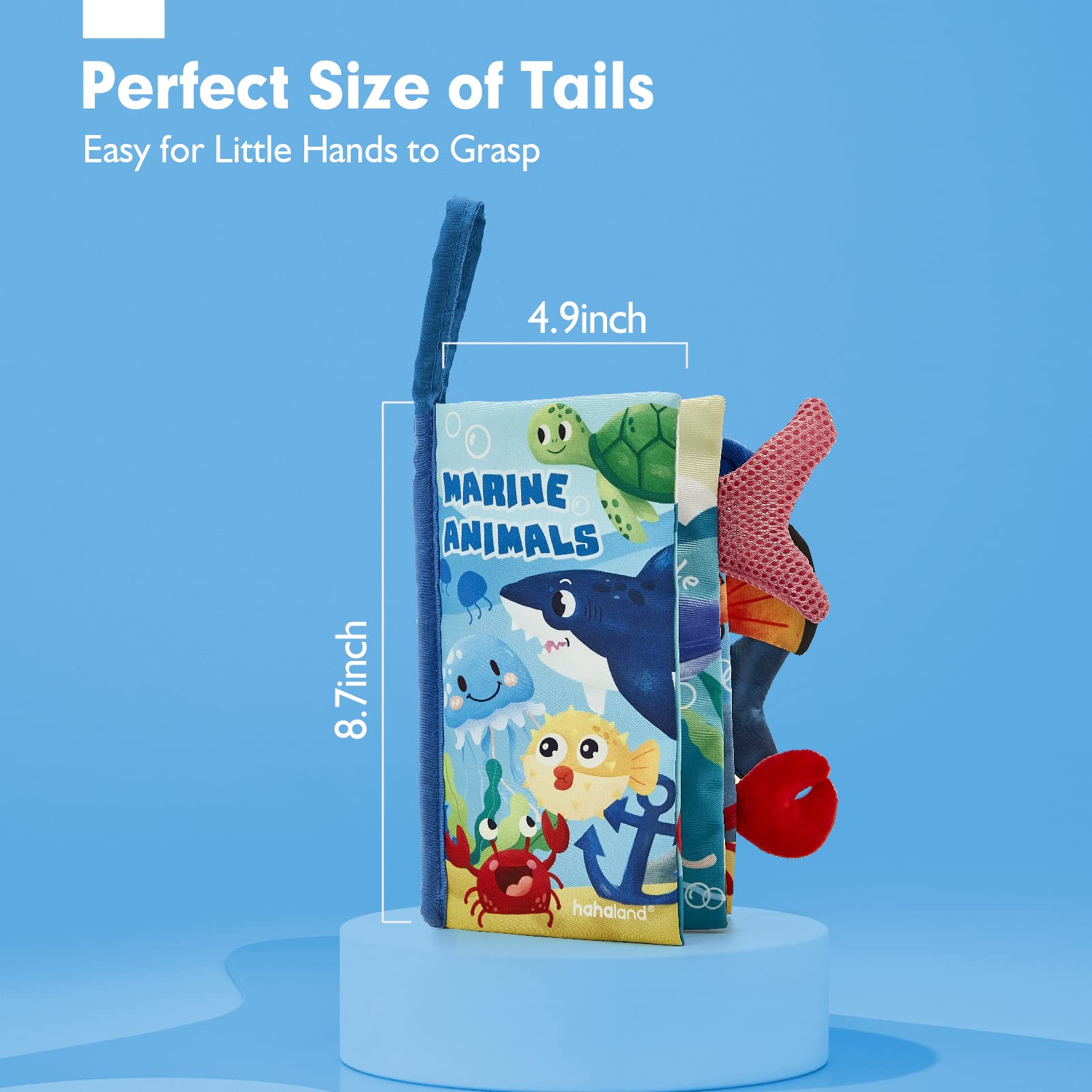 hahaland Marine Tails Baby Book – Soft Cloth Sensory Book with 3D Tails, Crinkle Sounds, and Hanging Strap for Infants 0-12 Months
