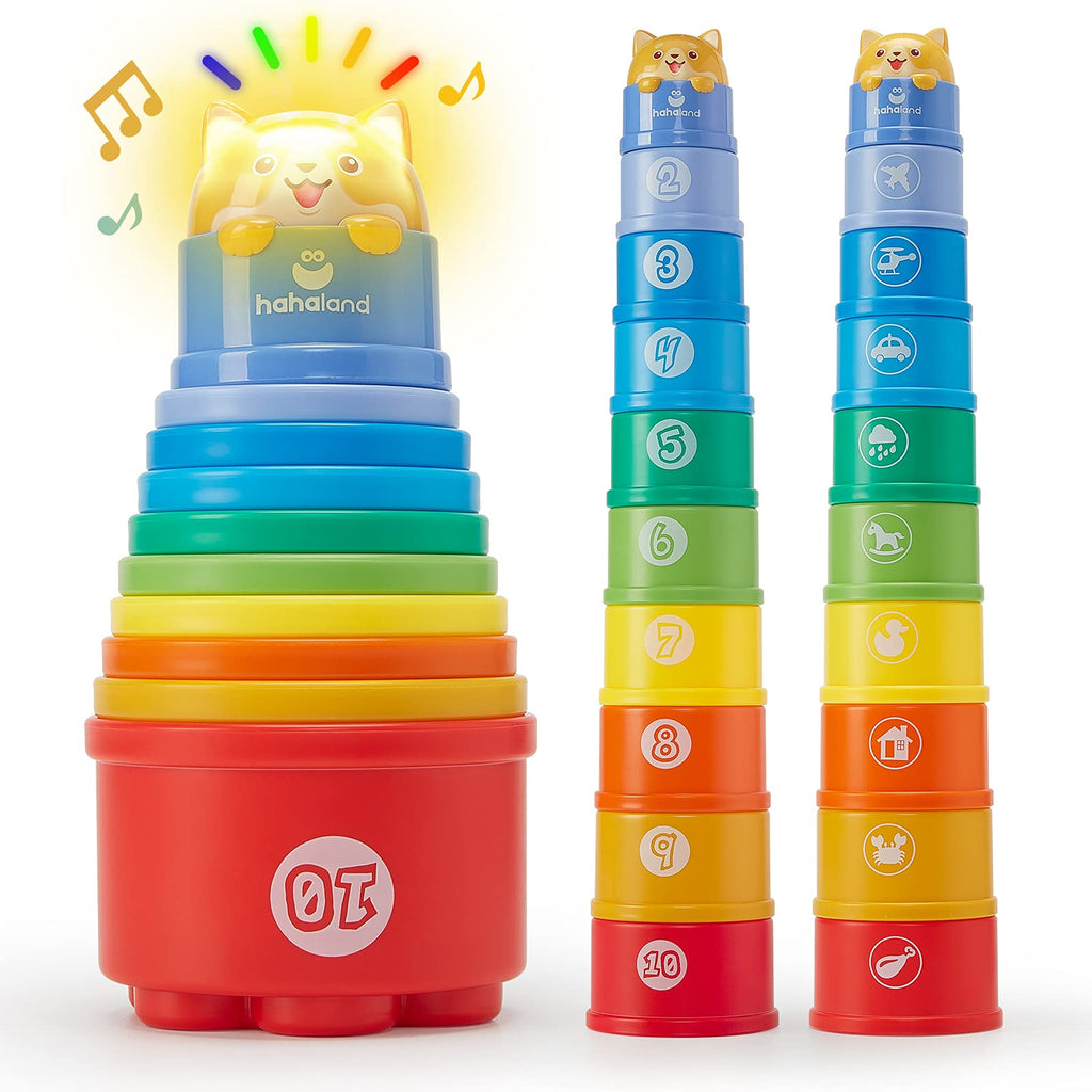hahaland Stacking Cups for Toddlers 1-3 - 10 Piece Light & Sound Montessori Toy