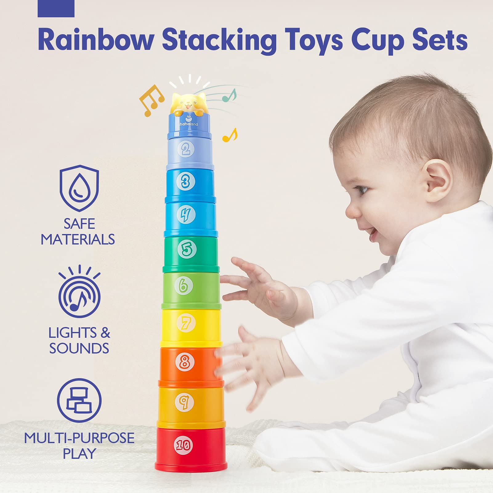 hahaland Stacking Cups for Toddlers 1-3 - 10 Piece Light & Sound Montessori Toy