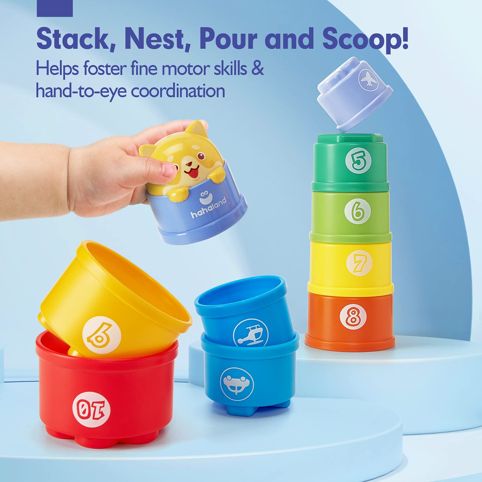 hahaland Stacking Cups for Toddlers 1-3 - 10 Piece Light & Sound Montessori Toy
