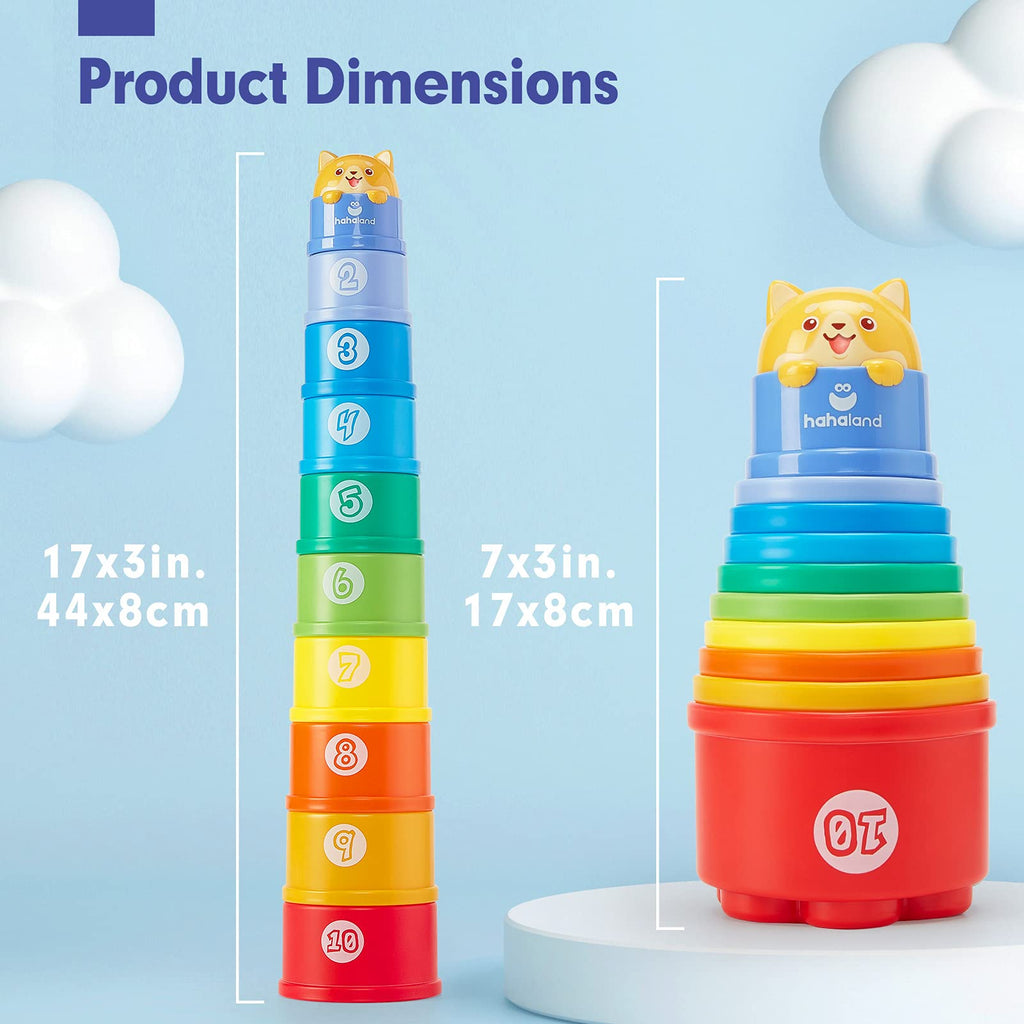 hahaland Stacking Cups for Toddlers 1-3 - 10 Piece Light & Sound Montessori Toy