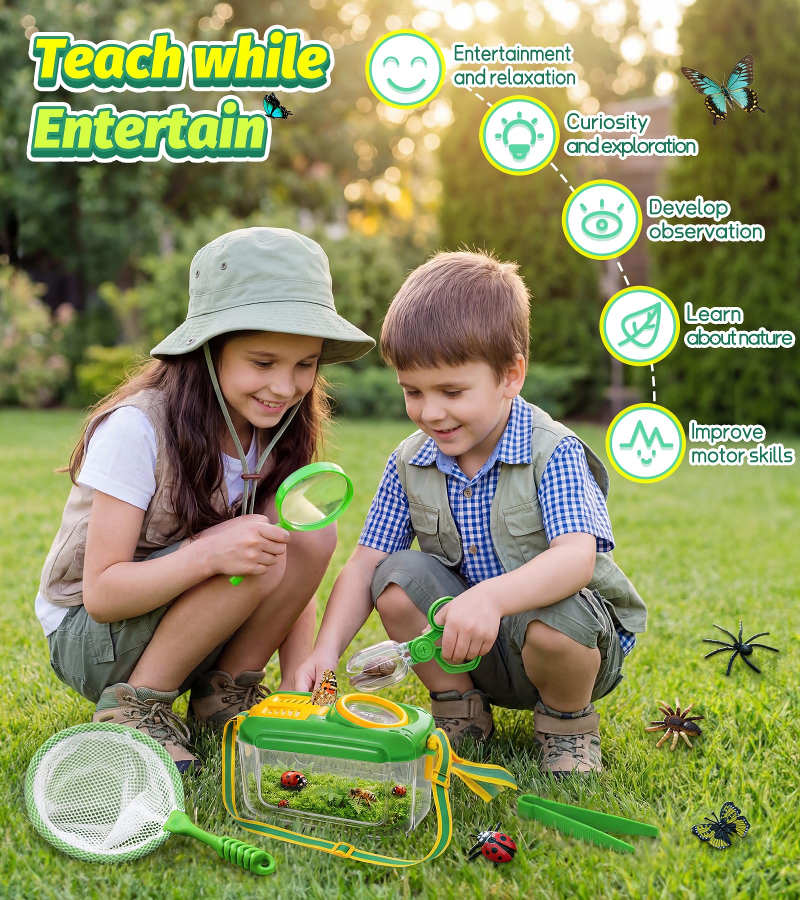 HAIMST 17-Piece Bug Catcher Kit for Kids | Outdoor Explorer Set with Butterfly Net & Magnifying Glass